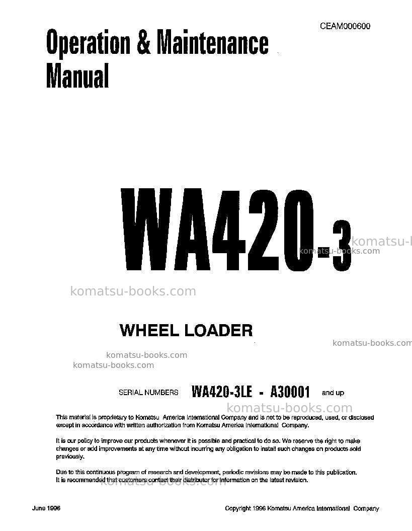 Komatsu wa420-3usa-l Operation manual cover Komatsu wa420-3usa-l Operation manual cover