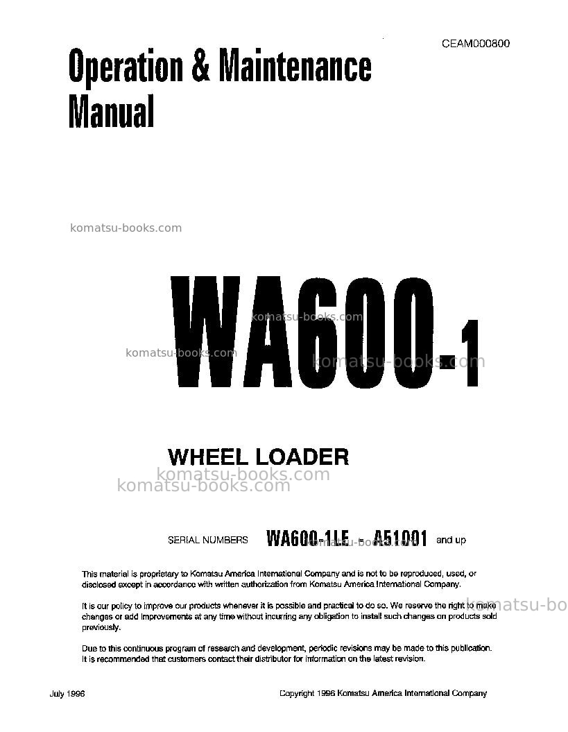 Komatsu wa600-1usa-le Operation manual cover Komatsu wa600-1usa-le Operation manual cover