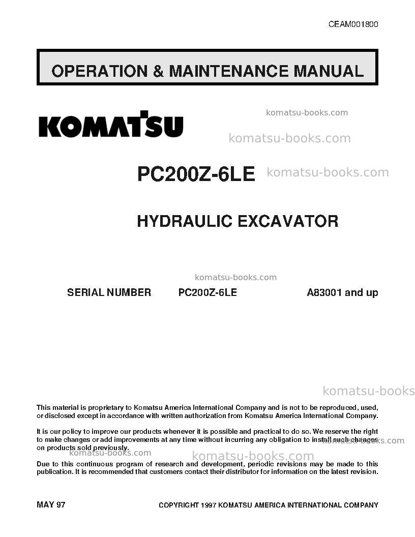 Komatsu pc200z-6usa-le Operation manual cover Komatsu pc200z-6usa-le Operation manual cover