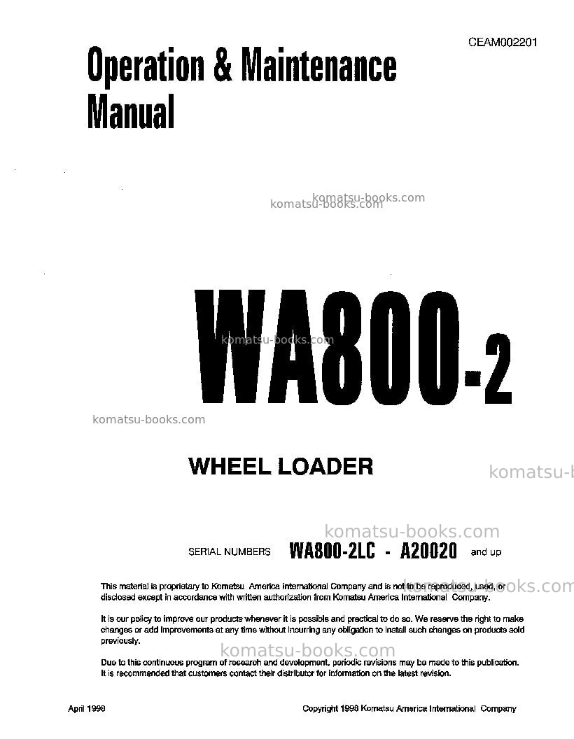 Komatsu wa800-2usa-lc Operation manual cover Komatsu wa800-2usa-lc Operation manual cover
