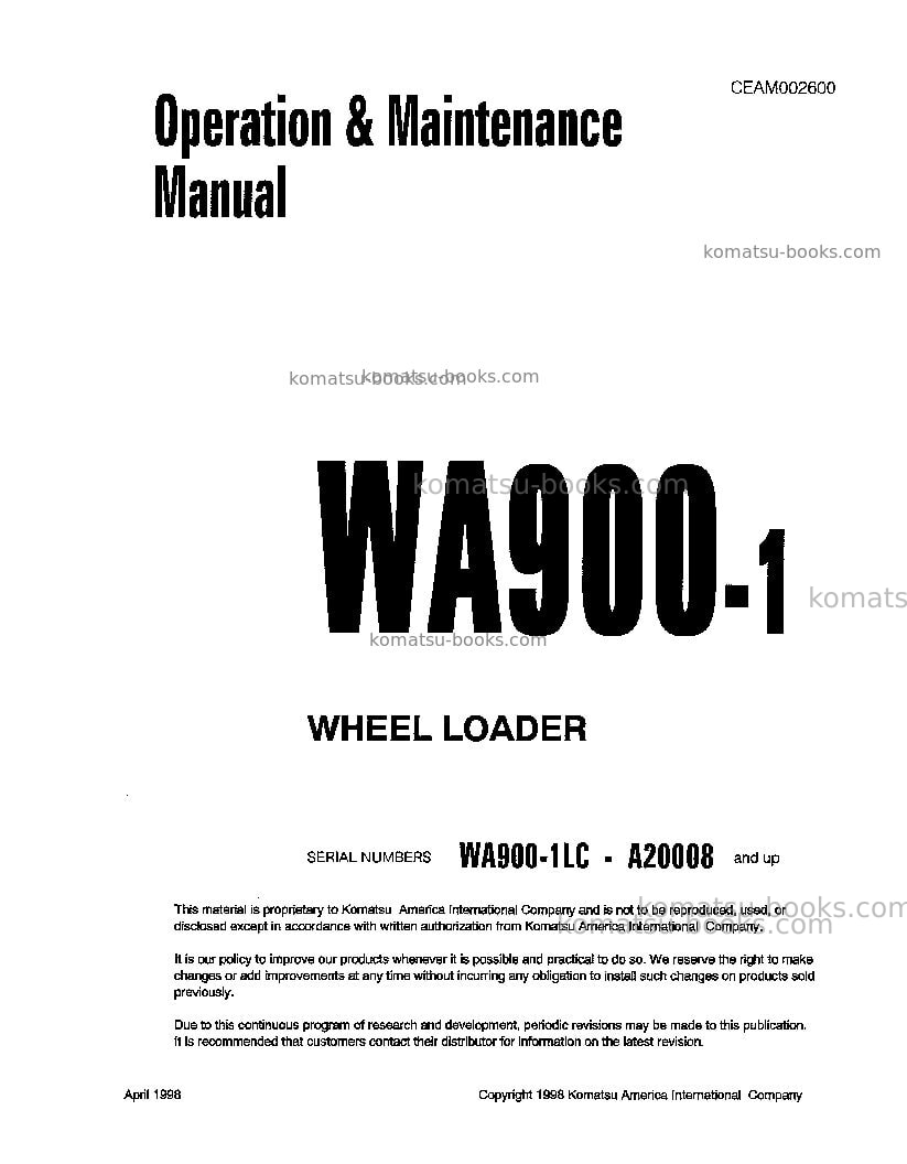 Komatsu wa900-1usa-lc Operation manual cover