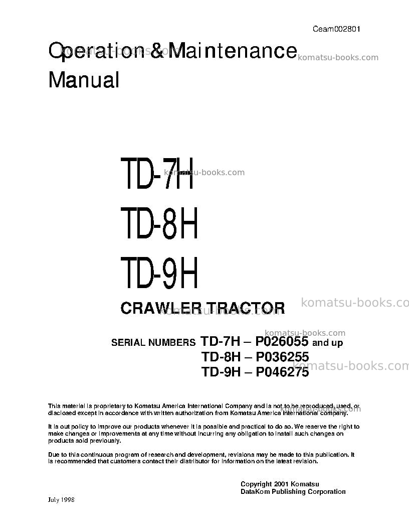 Komatsu td-8h Operation manual cover Komatsu td-8h Operation manual cover