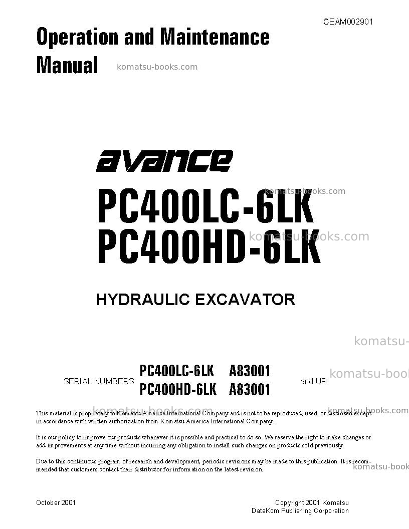 Komatsu pc400hd-6usa-lk Operation manual cover Komatsu pc400hd-6usa-lk Operation manual cover