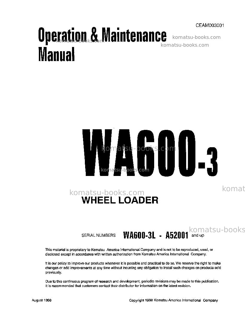 Komatsu wa600-3usa-l Operation manual cover Komatsu wa600-3usa-l Operation manual cover