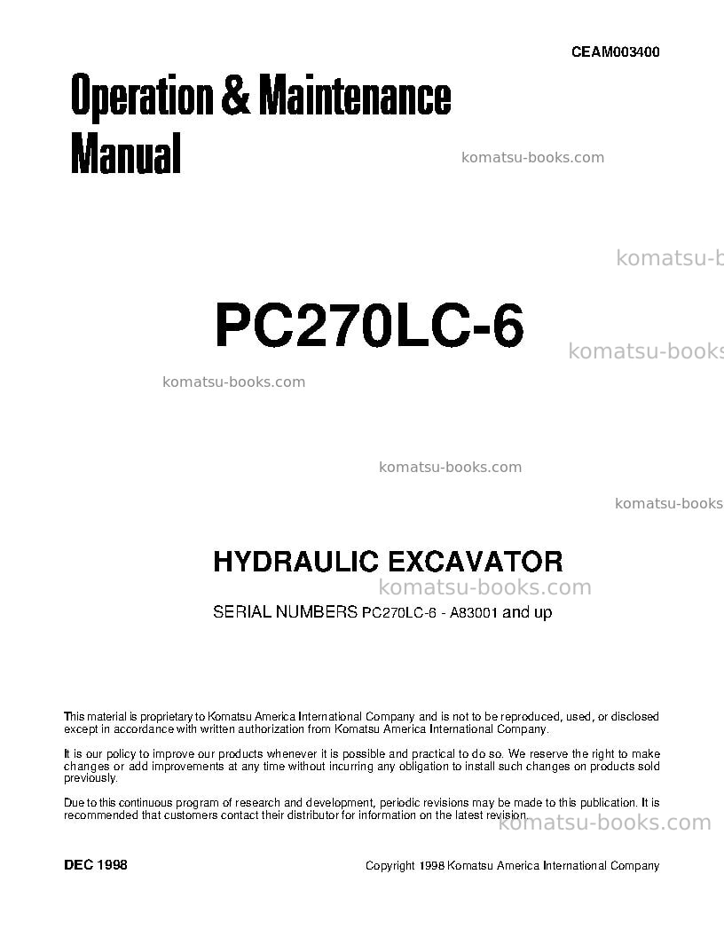 Komatsu pc270lc-6usa-le Operation manual cover