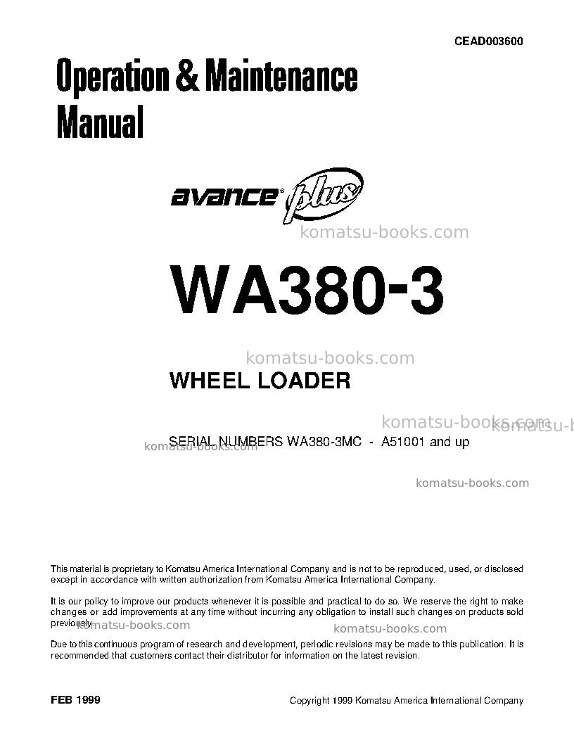 Komatsu wa380-3usa-mc Operation manual cover