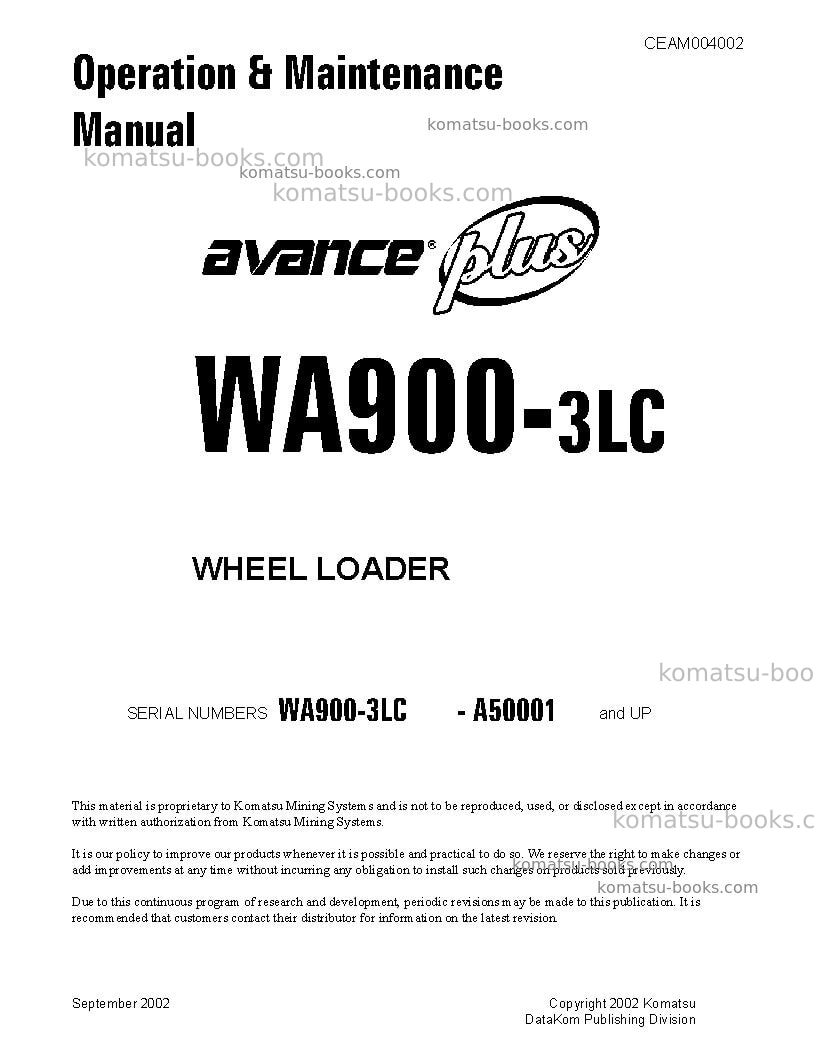 Komatsu wa900-3usa-lc Operation manual cover Komatsu wa900-3usa-lc Operation manual cover