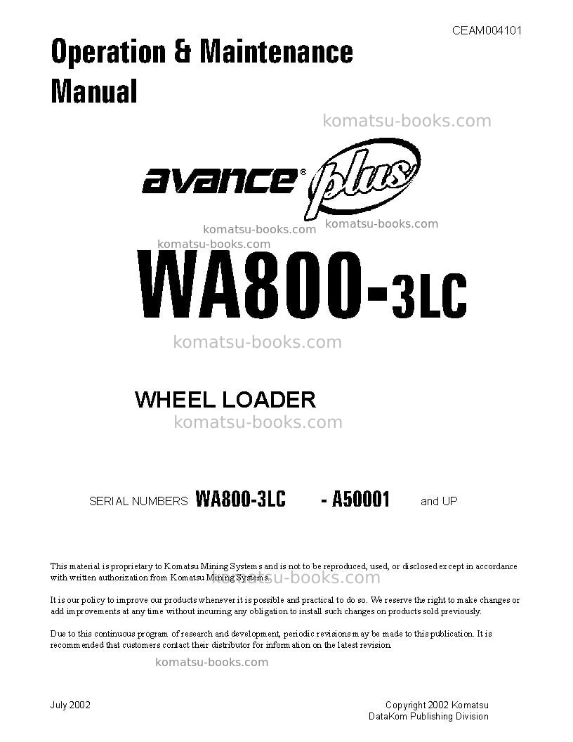 Komatsu wa800-3usa-lc Operation manual cover