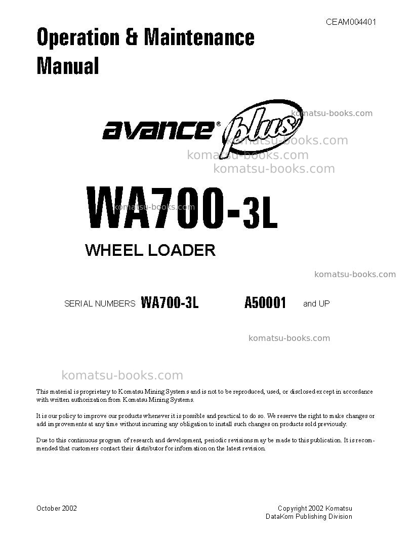 Komatsu wa700-3usa-l Operation manual cover Komatsu wa700-3usa-l Operation manual cover