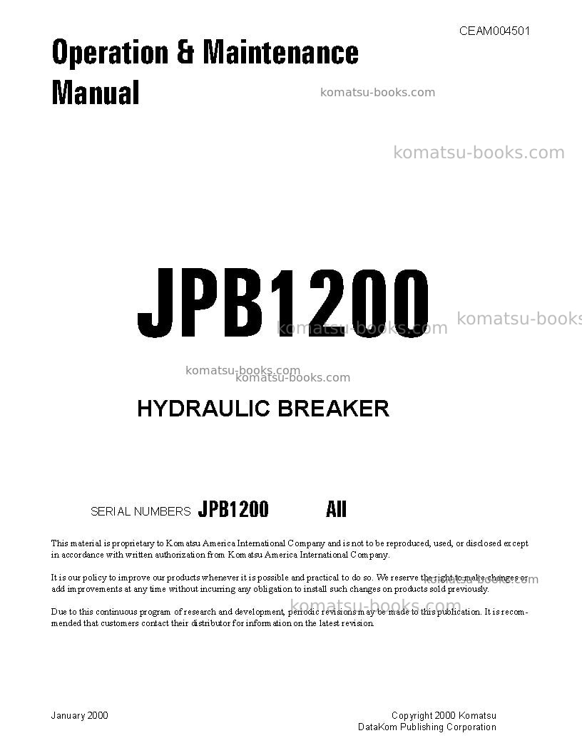 Komatsu jpb1200usa Operation manual cover Komatsu jpb1200usa Operation manual cover