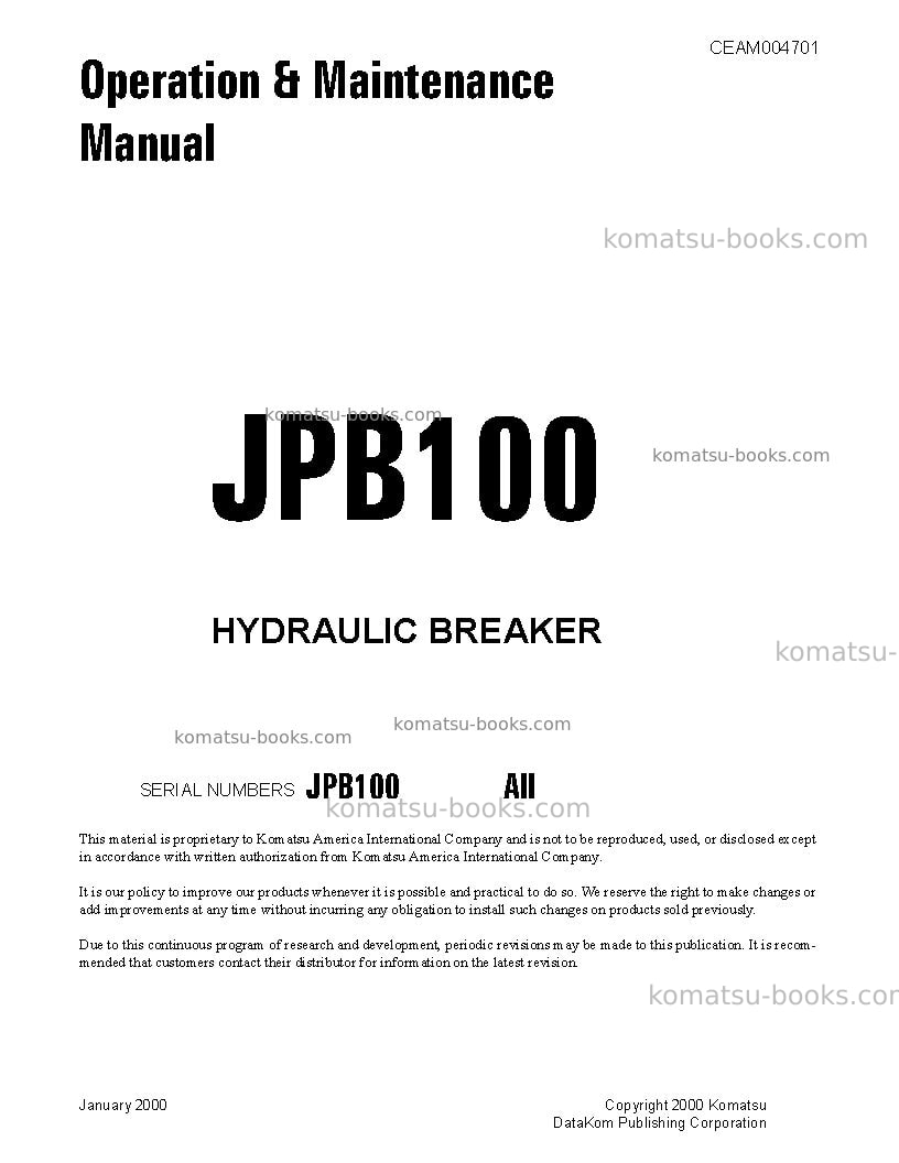 Komatsu jbp100usa Operation manual cover Komatsu jbp100usa Operation manual cover