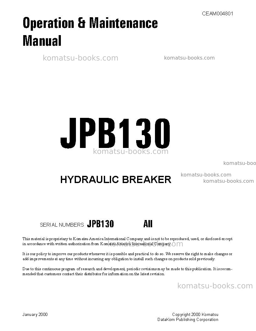 Komatsu jpb130usa Operation manual cover Komatsu jpb130usa Operation manual cover