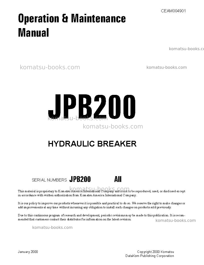 Komatsu jpb200usa Operation manual cover Komatsu jpb200usa Operation manual cover