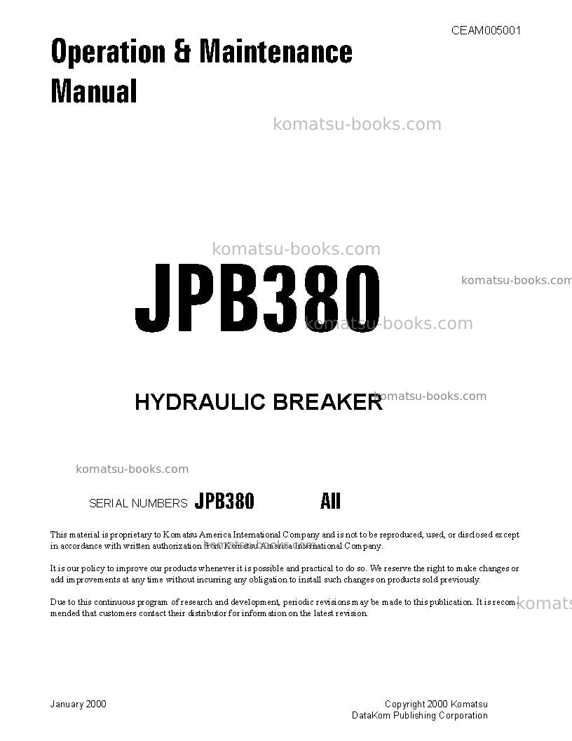 Komatsu jpb380usa Operation manual cover