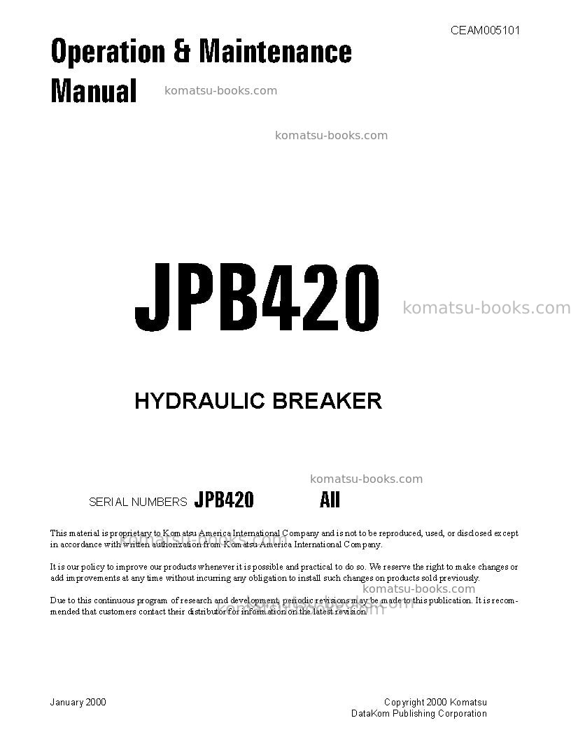 Komatsu jpb420usa Operation manual cover Komatsu jpb420usa Operation manual cover