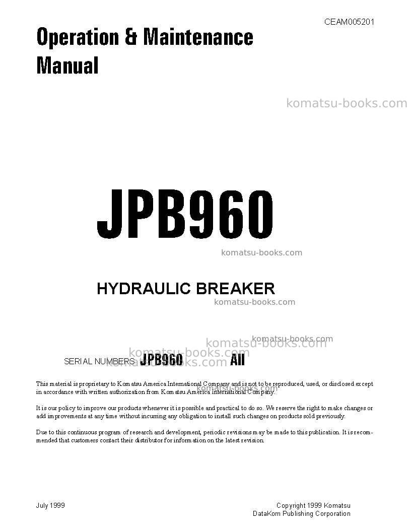Komatsu jpb960usa Operation manual cover Komatsu jpb960usa Operation manual cover
