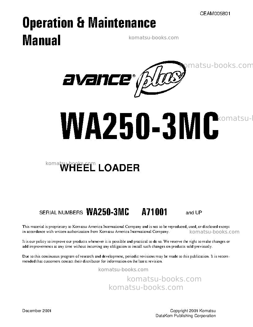 Komatsu wa250-3usa-mc Operation manual cover Komatsu wa250-3usa-mc Operation manual cover