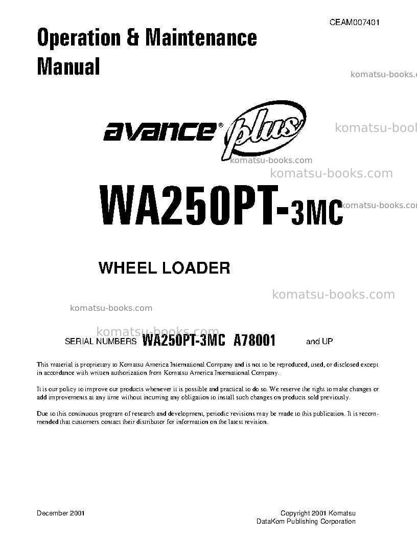 Komatsu wa250pt-3usa-mc Operation manual cover