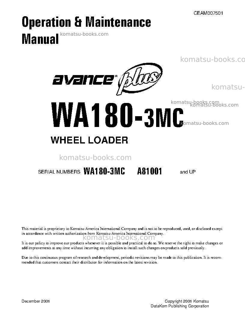Komatsu wa180-3usa-mc Operation manual cover