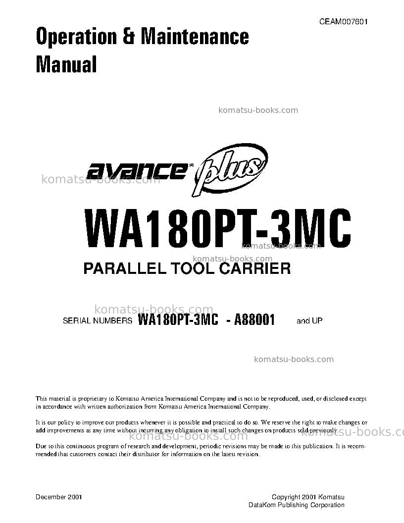 Komatsu wa180pt-3usa-mc Operation manual cover
