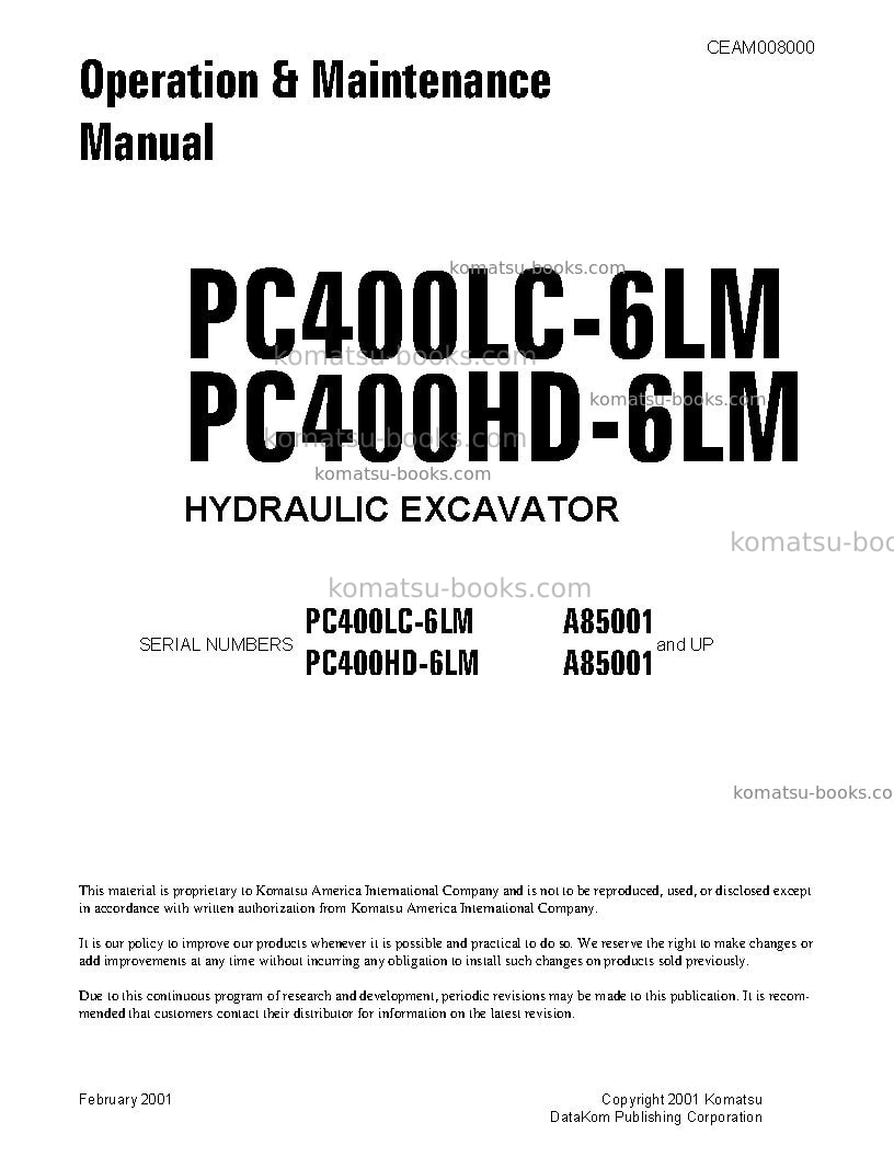 Komatsu pc400hd-6usa-lm Operation manual cover