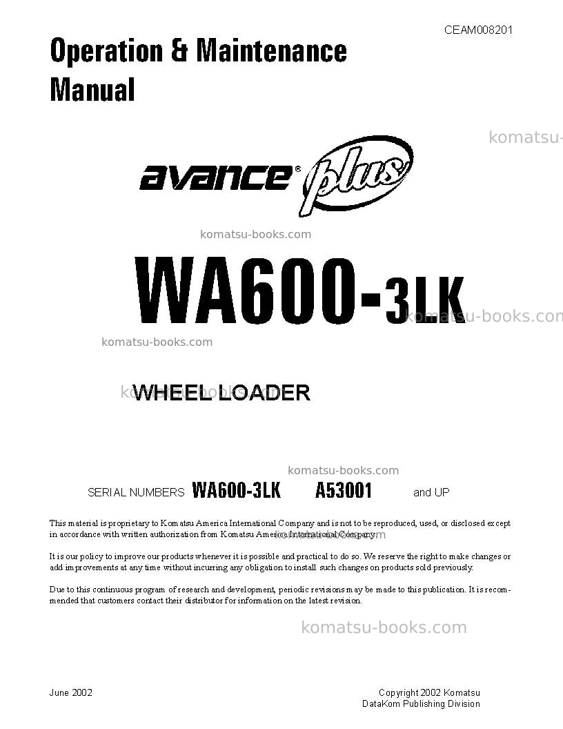 Komatsu wa600-3usa-lk Operation manual cover Komatsu wa600-3usa-lk Operation manual cover