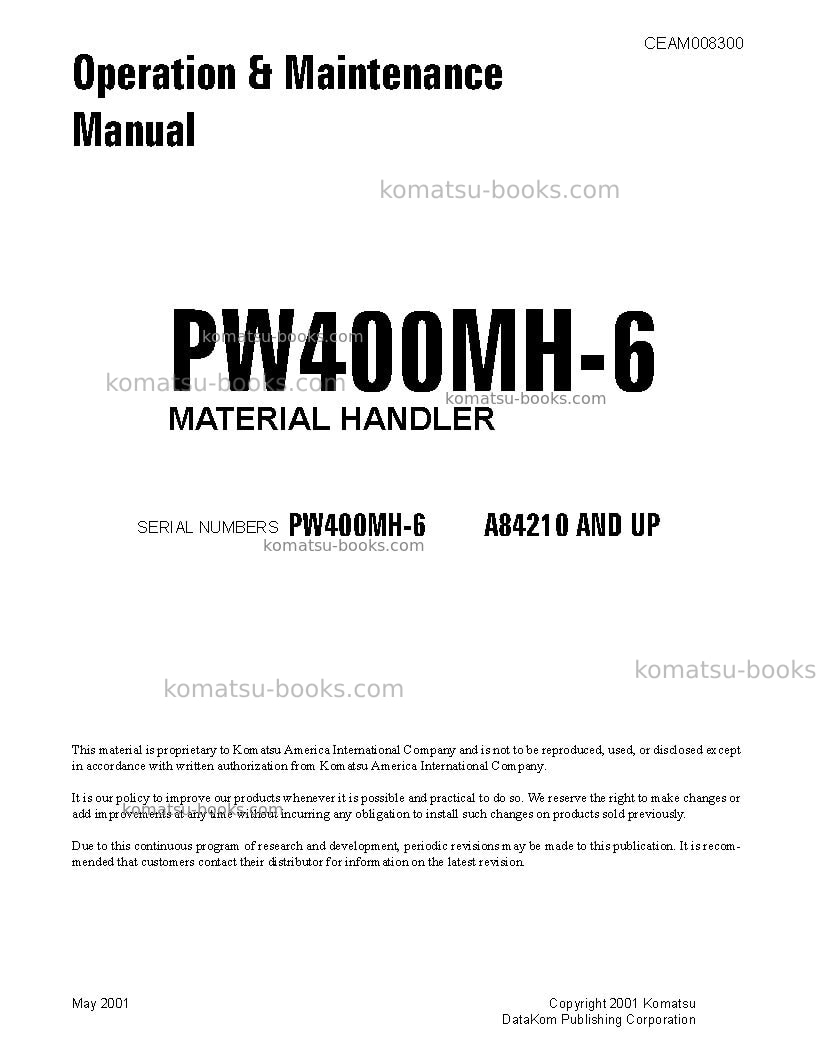 Komatsu pw400mh-6usa Operation manual cover