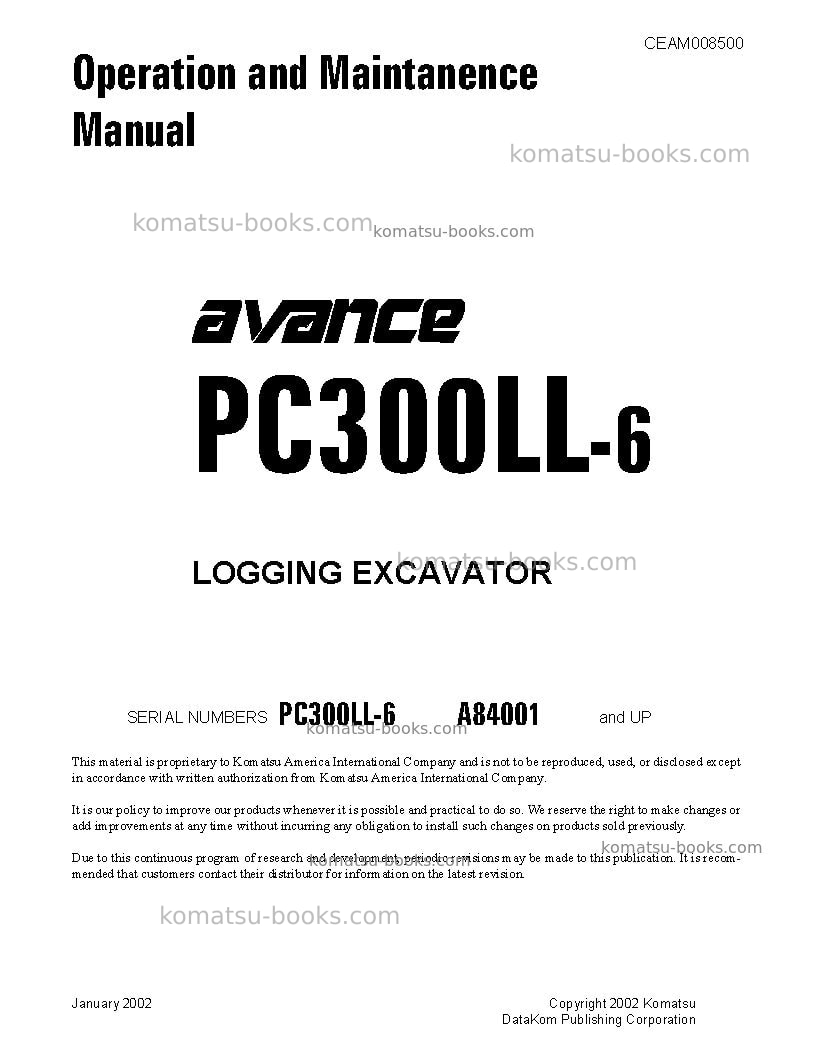 Komatsu pc300ll-6usa Operation manual cover
