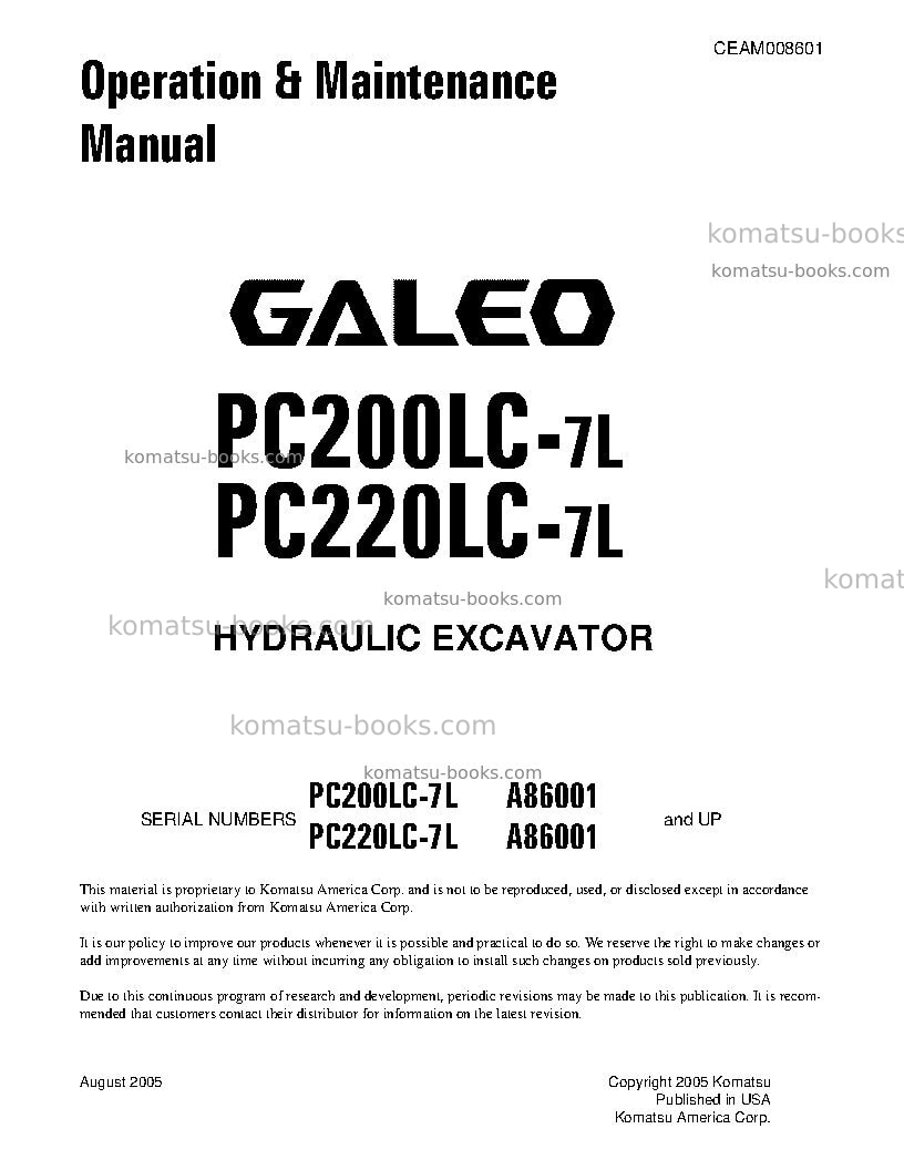 Komatsu pc200lc-7usa-l Operation manual cover Komatsu pc200lc-7usa-l Operation manual cover
