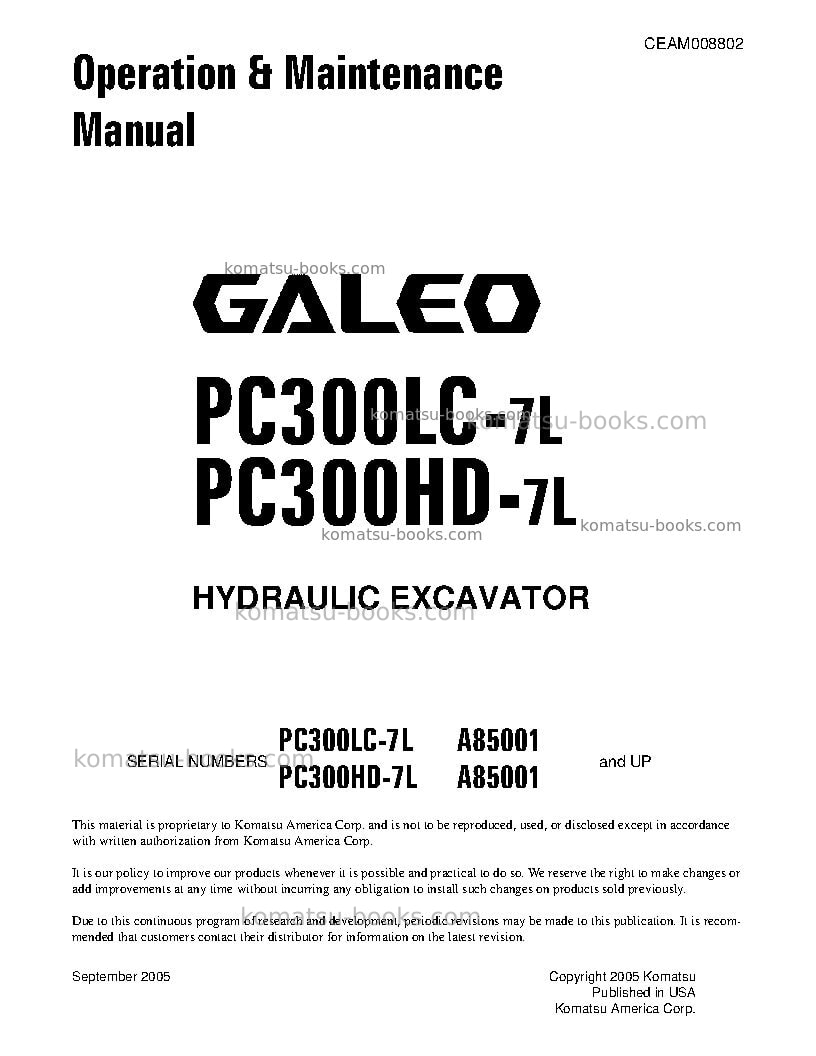 Komatsu pc300hd-7usa-l Operation manual cover