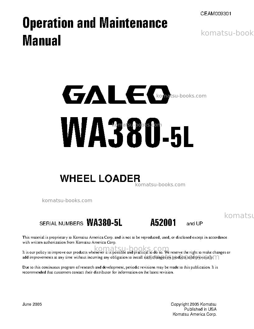 Komatsu wa380-5usa-l Operation manual cover