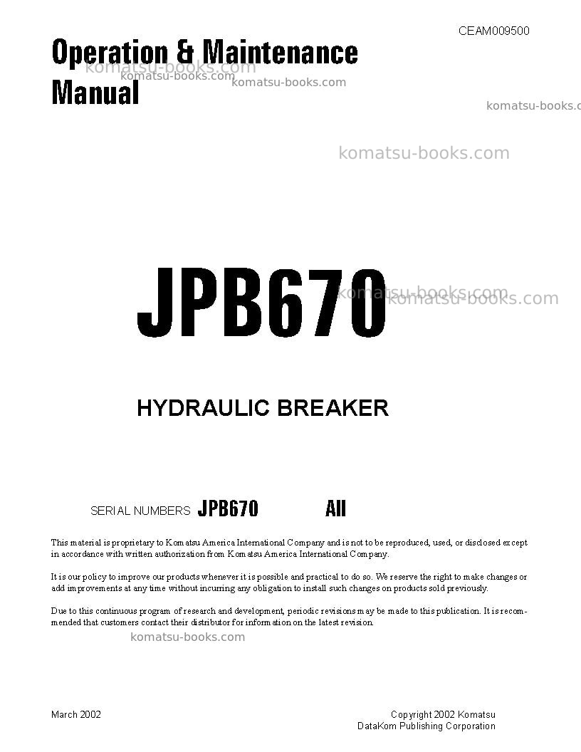 Komatsu jpb670usa Operation manual cover Komatsu jpb670usa Operation manual cover