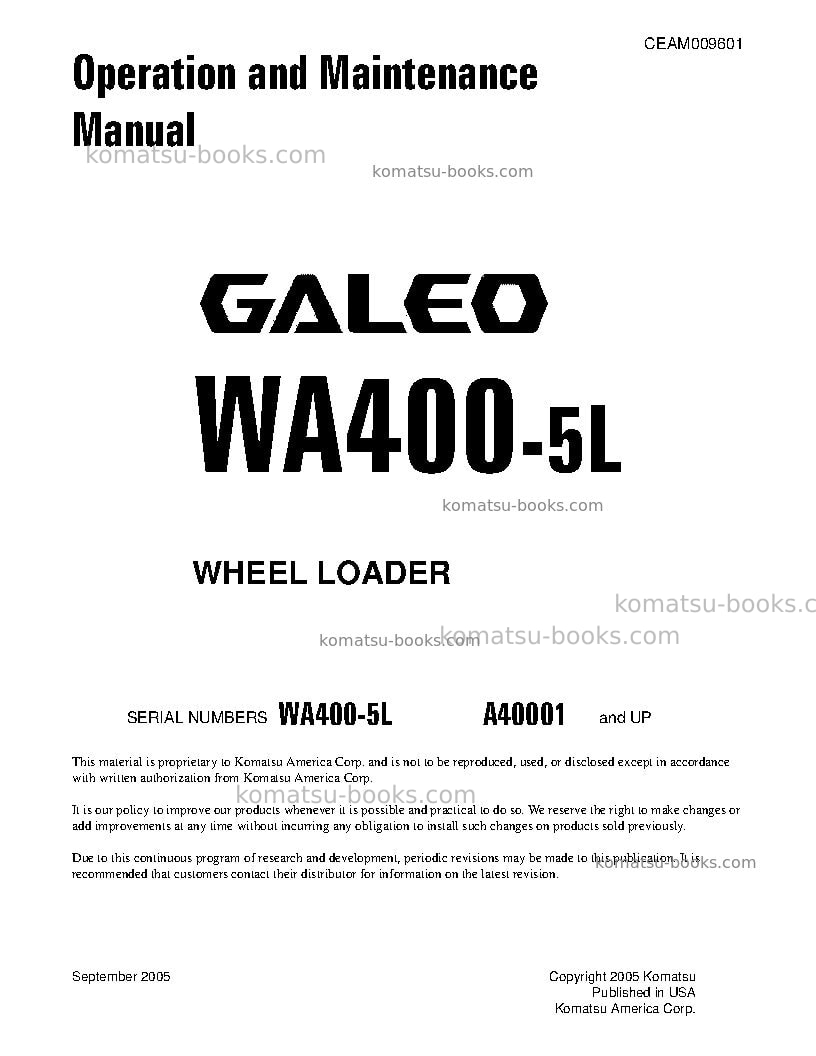 Komatsu wa400-5usa-l Operation manual cover Komatsu wa400-5usa-l Operation manual cover