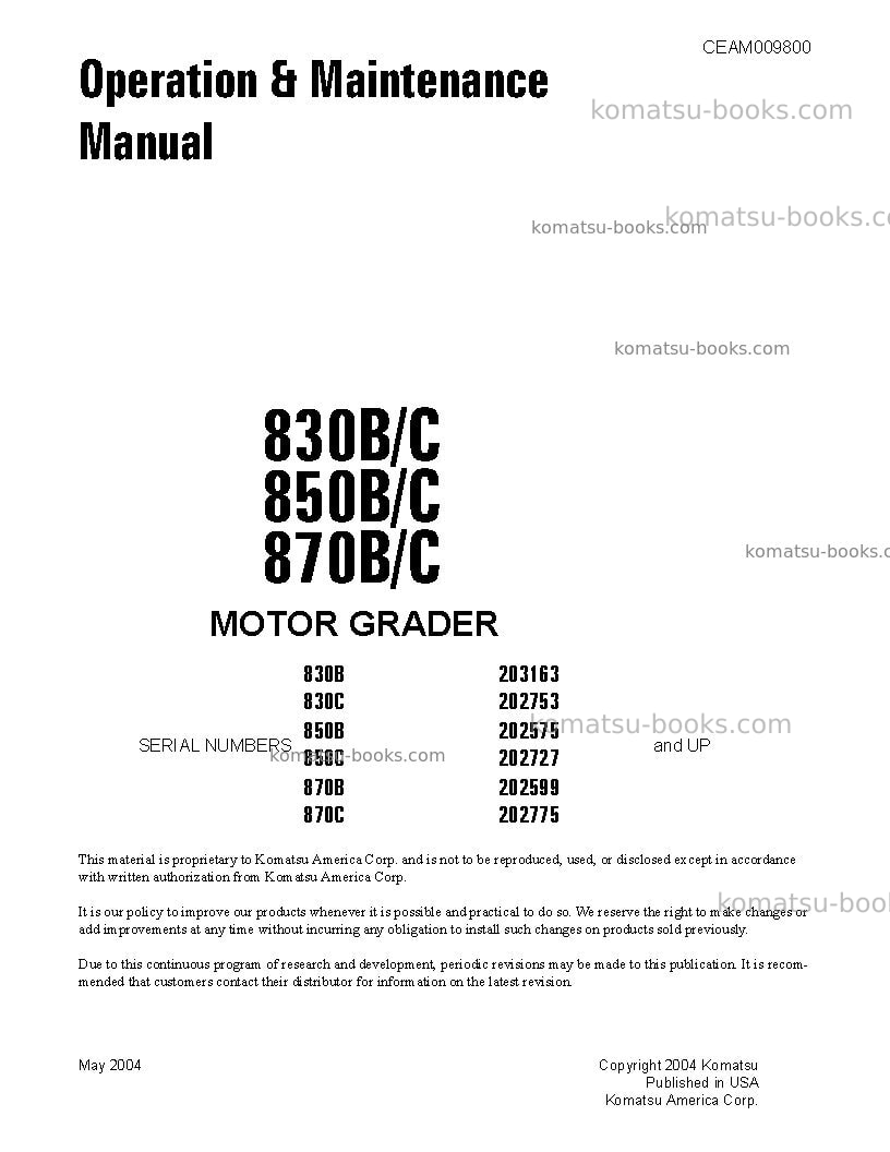 Komatsu 870c Operation manual cover Komatsu 870c Operation manual cover