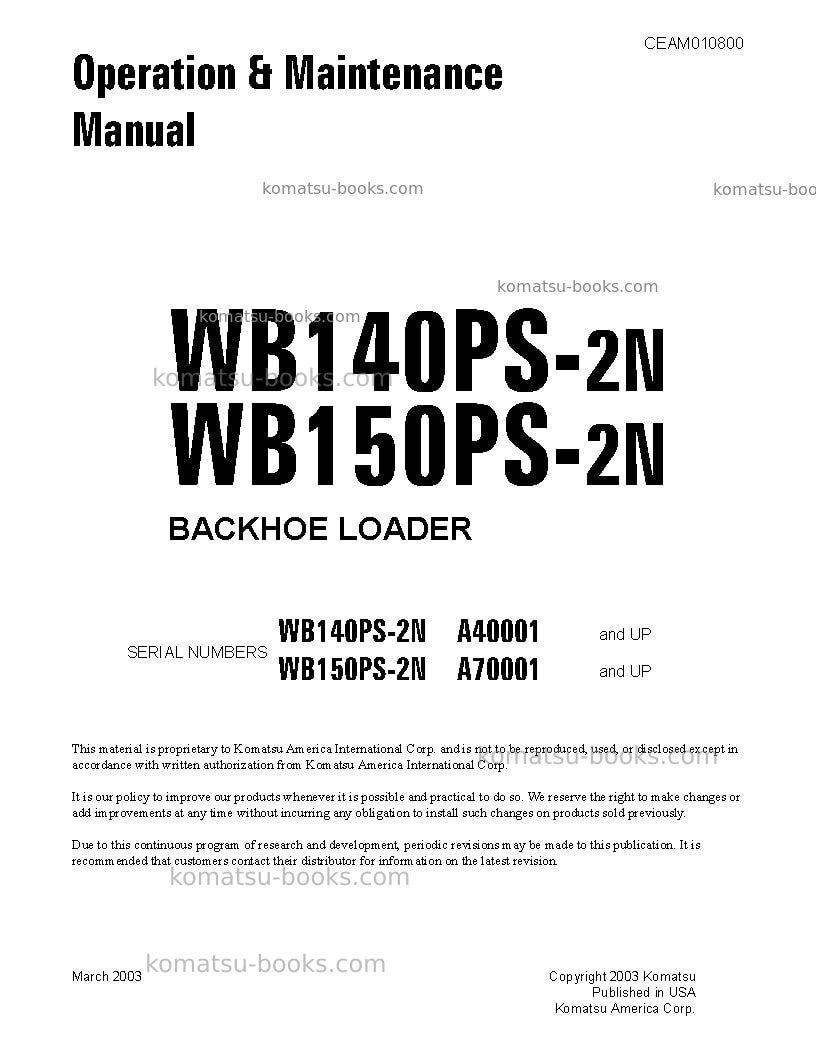 Komatsu wb150ps-2usa-n Operation manual cover Komatsu wb150ps-2usa-n Operation manual cover
