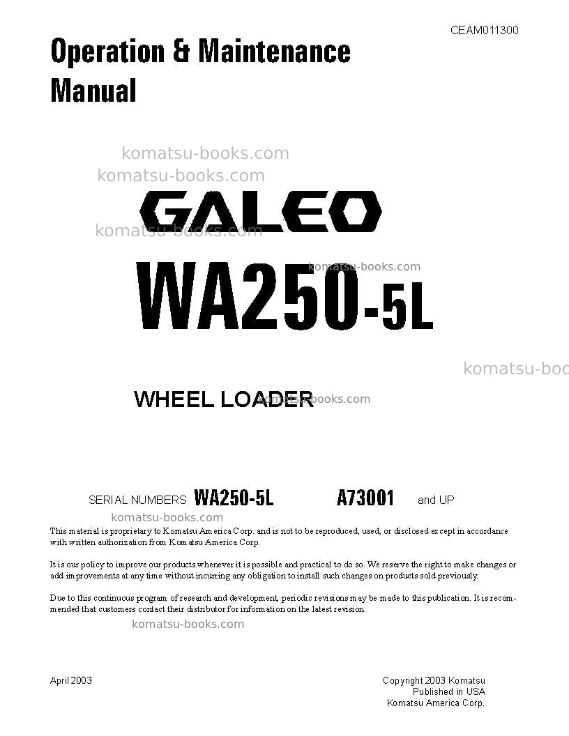 Komatsu wa250-5usa-l Operation manual cover Komatsu wa250-5usa-l Operation manual cover