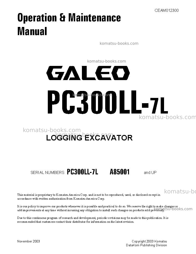 Komatsu pc300ll-7usa-l Operation manual cover Komatsu pc300ll-7usa-l Operation manual cover