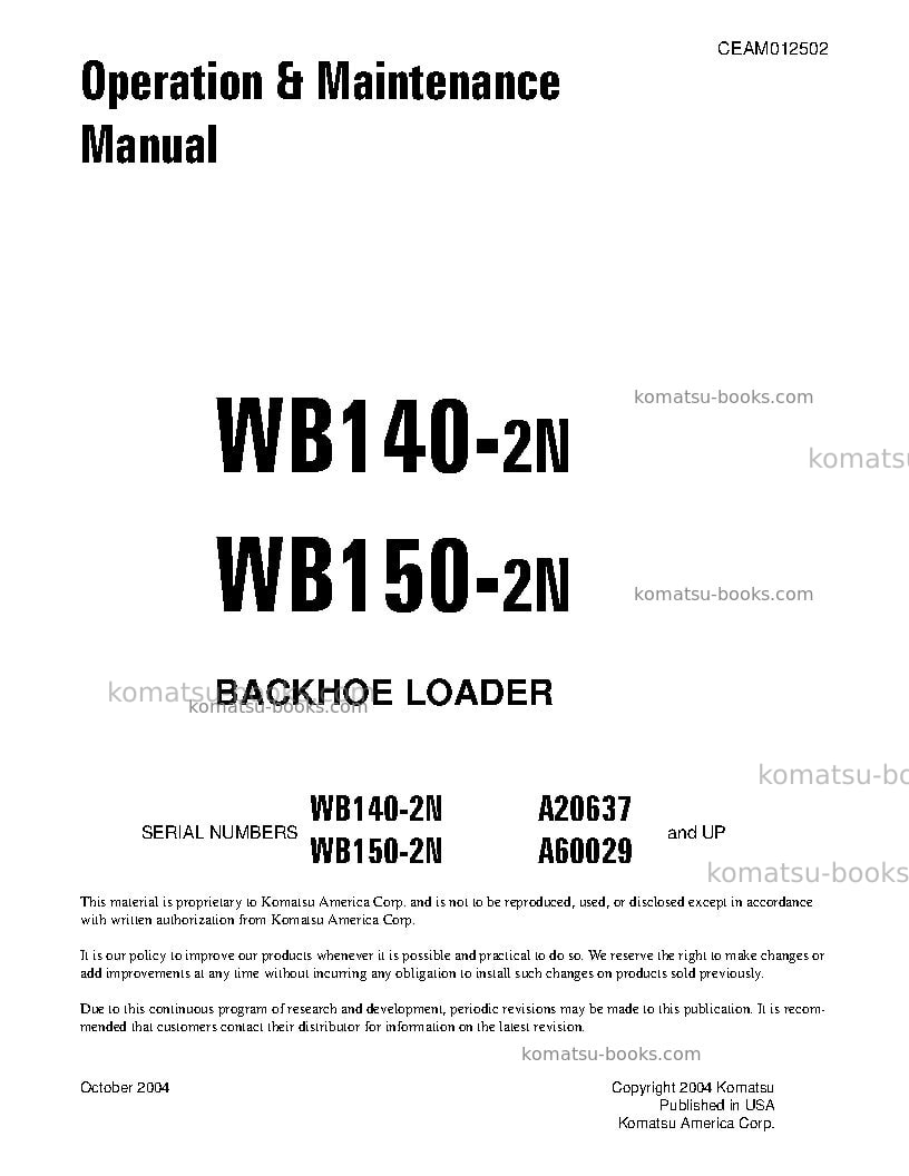 Komatsu wb150-2usa-n Operation manual cover Komatsu wb150-2usa-n Operation manual cover