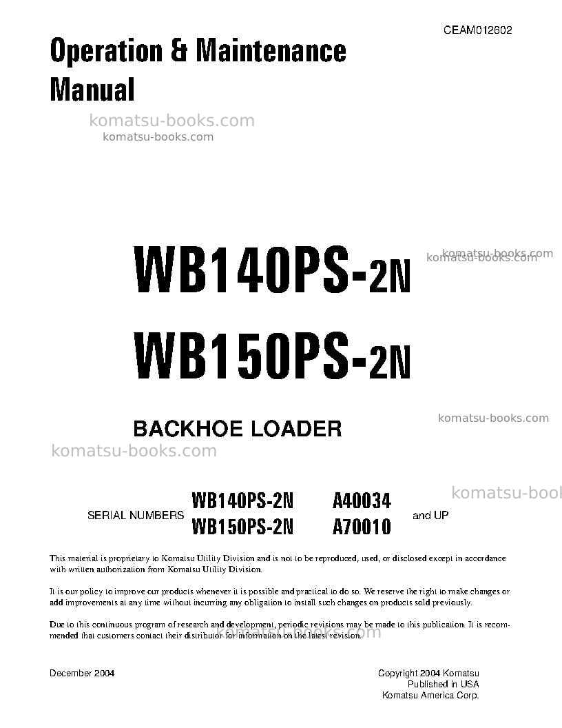 Komatsu wb140ps-2usa-n Operation manual cover