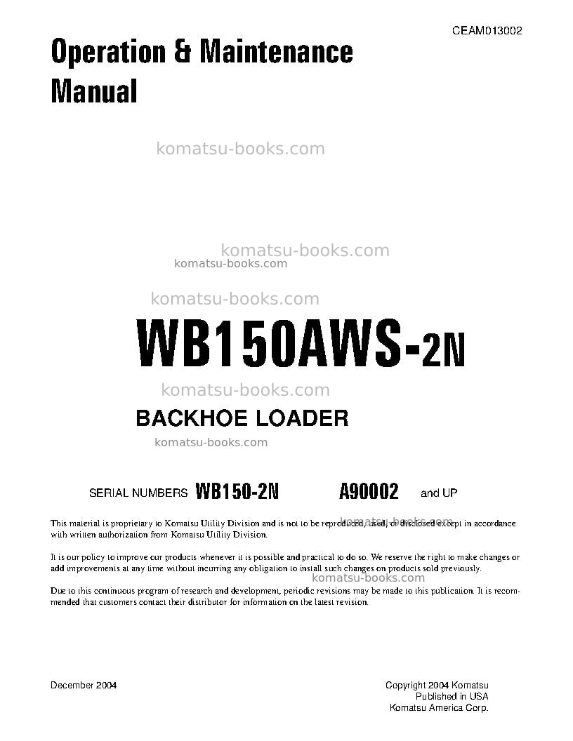 Komatsu wb150aws-2usa-n Operation manual cover