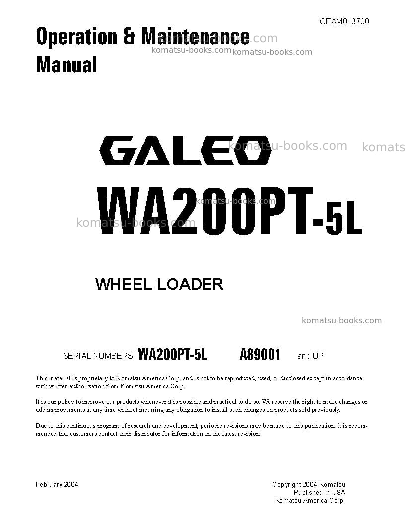 Komatsu wa200pt-5usa-l Operation manual cover Komatsu wa200pt-5usa-l Operation manual cover
