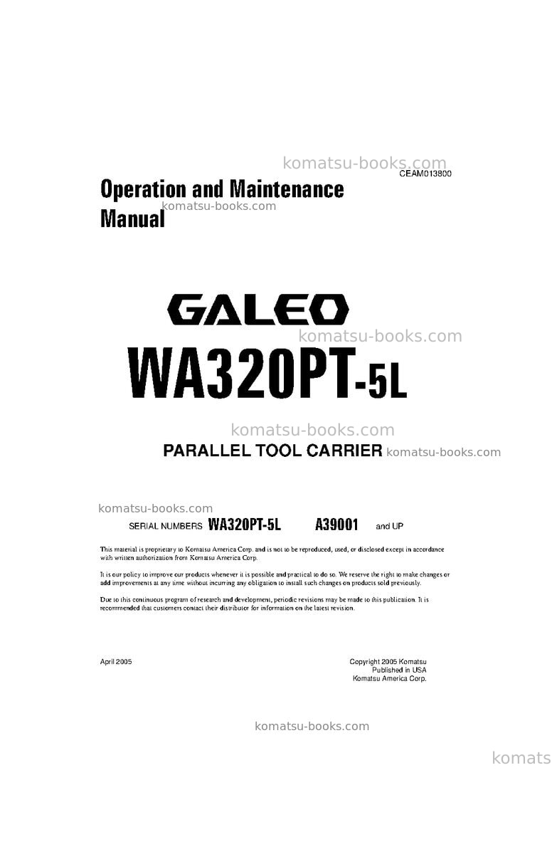 Komatsu wa320pt-5usa-l Operation manual cover