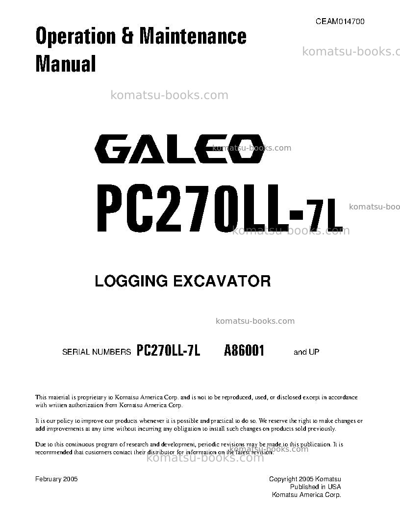 Komatsu pc270ll-7usa-l Operation manual cover Komatsu pc270ll-7usa-l Operation manual cover