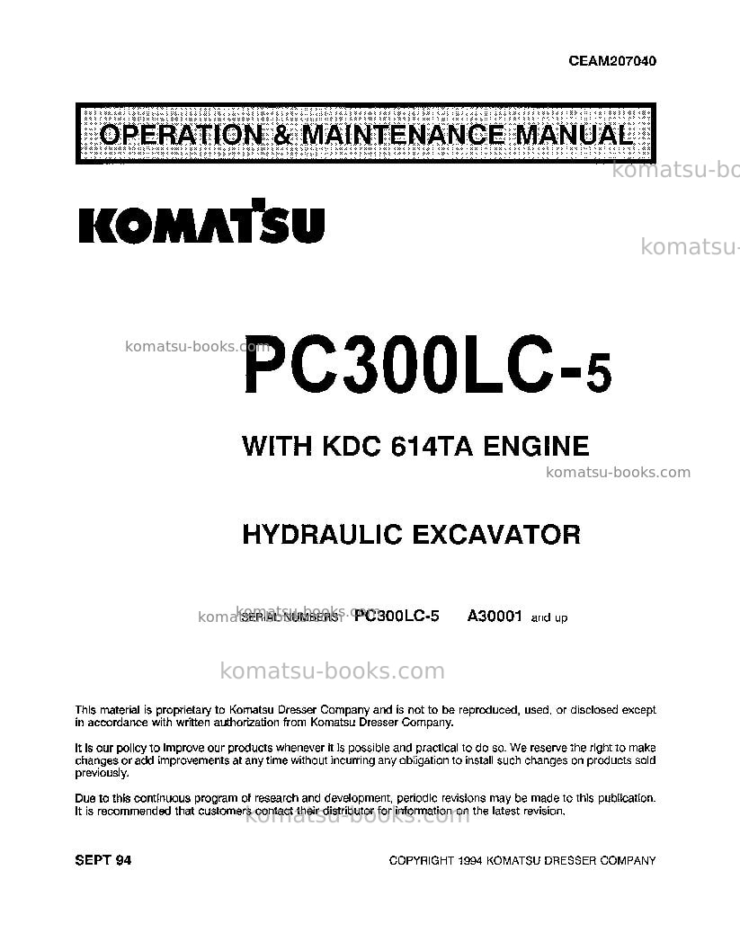 Komatsu pc300lc-5usa-lc Operation manual cover