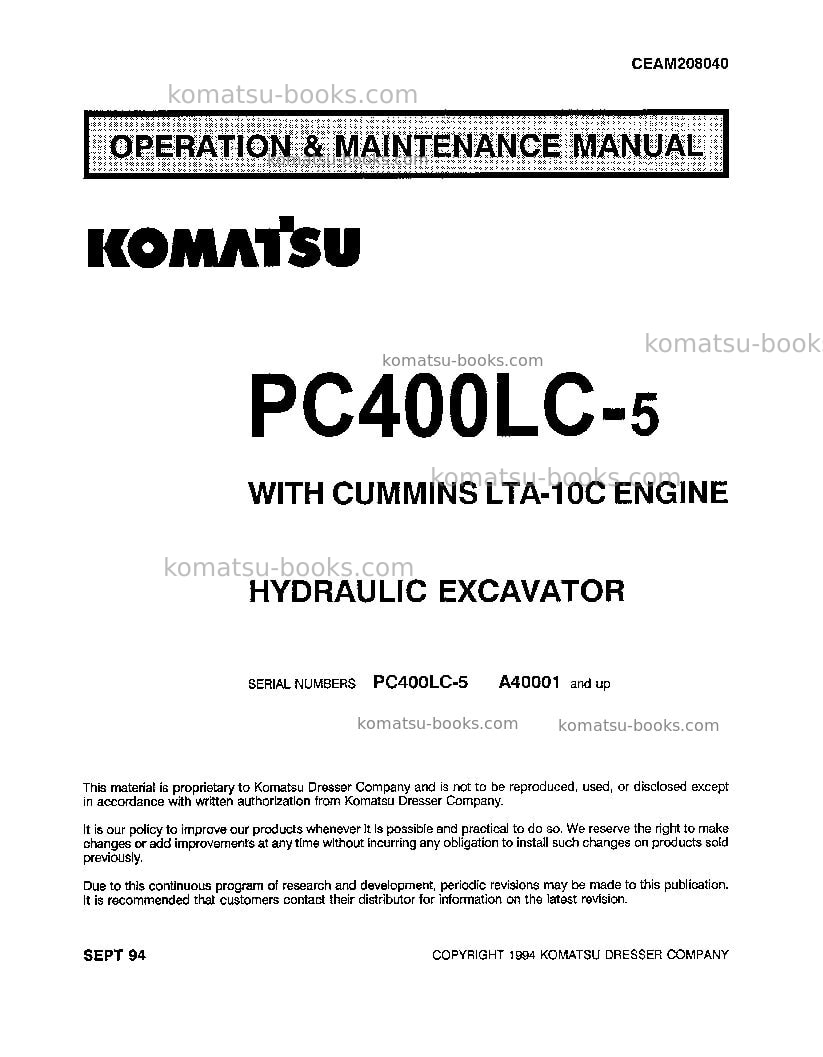 Komatsu pc400lc-5usa-lc Operation manual cover Komatsu pc400lc-5usa-lc Operation manual cover