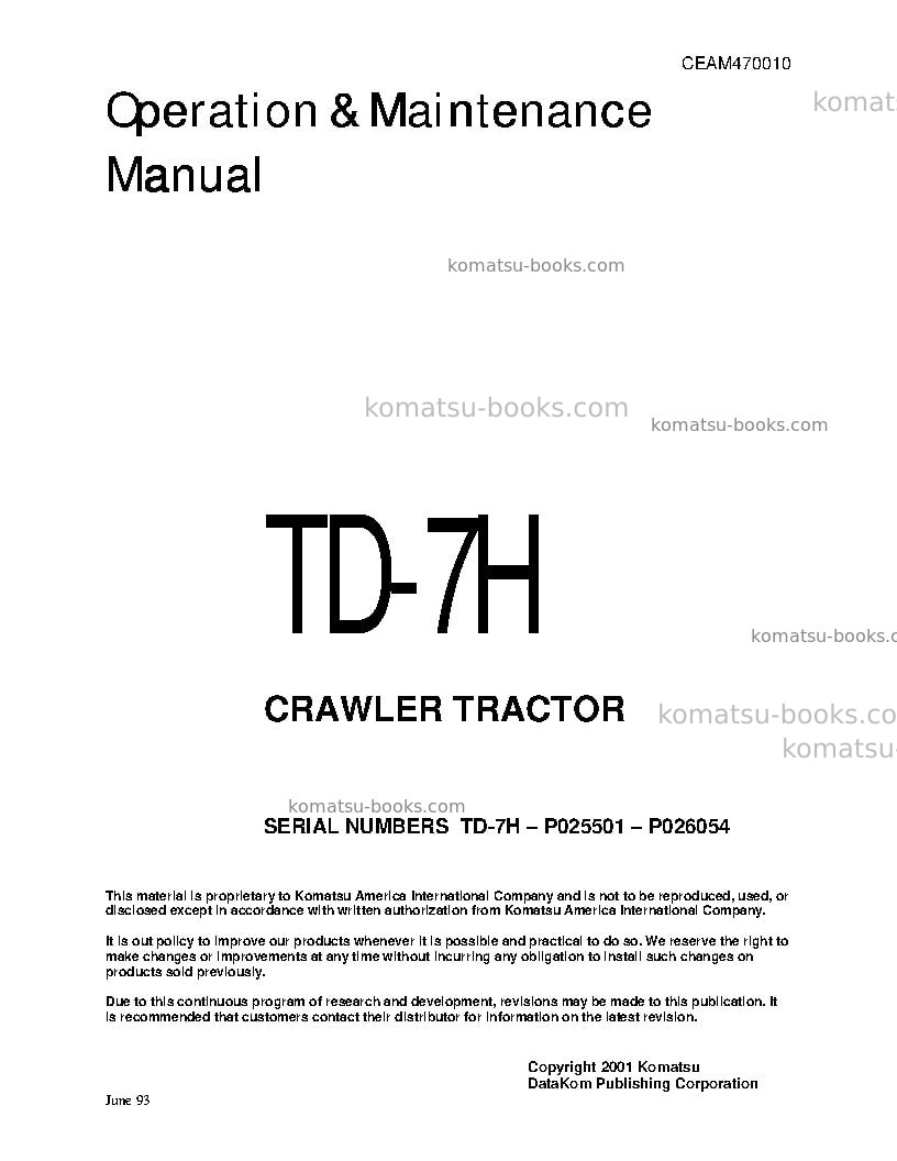 Komatsu td-7h Operation manual cover