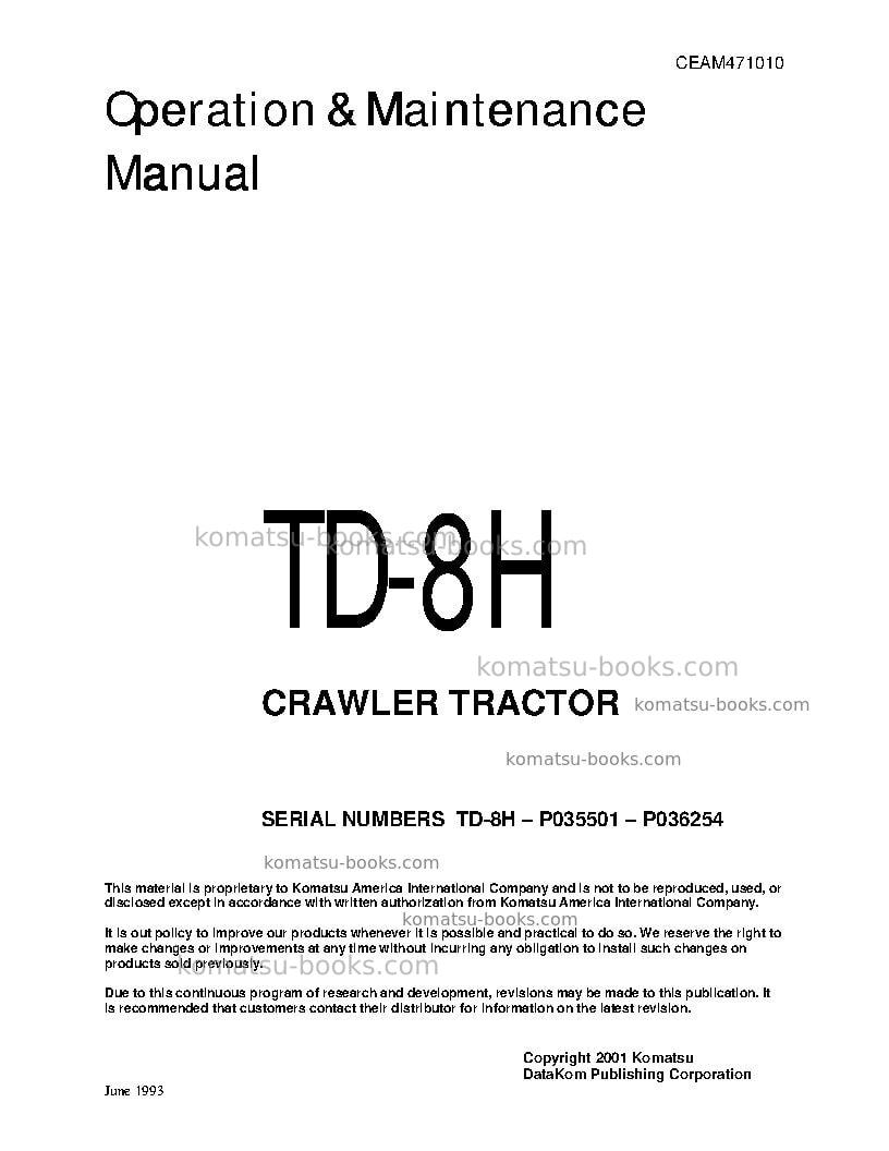 Komatsu td-8h Operation manual cover Komatsu td-8h Operation manual cover