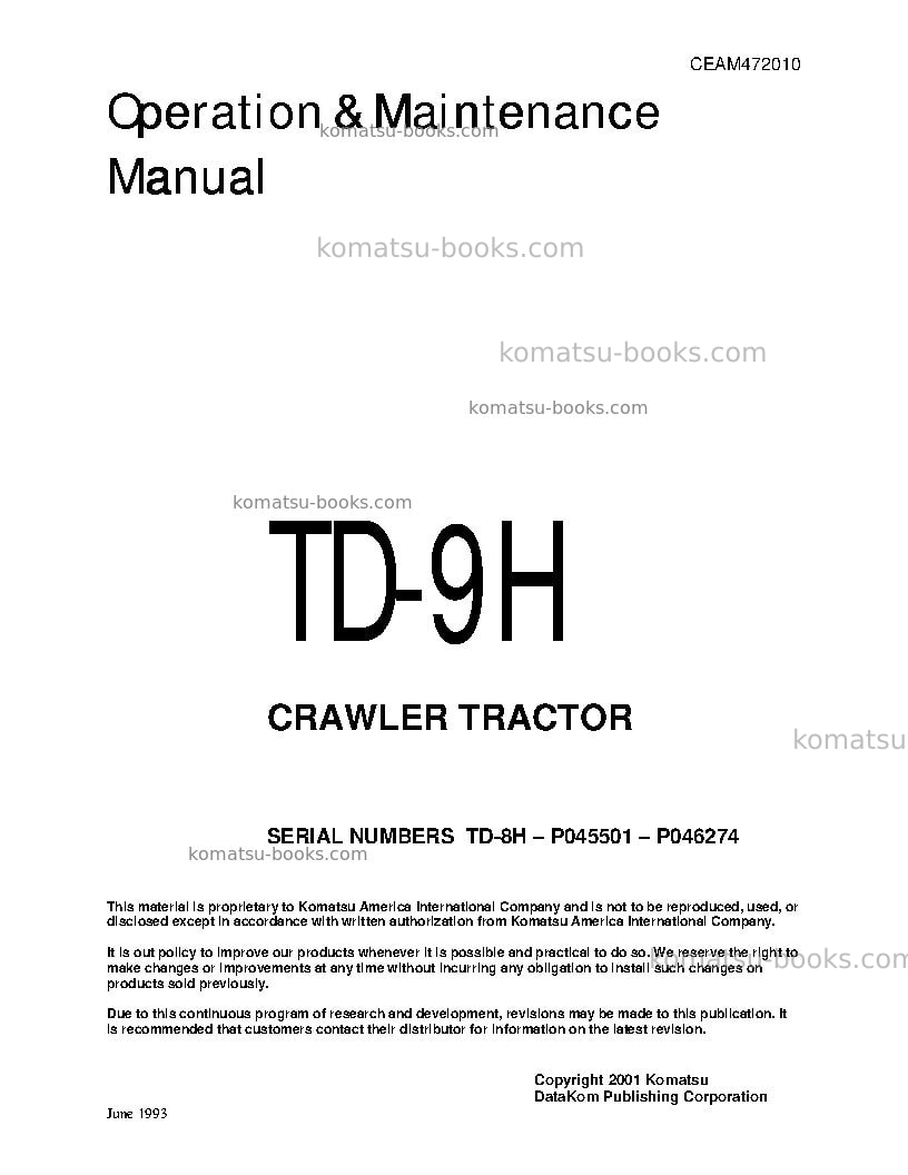 Komatsu td-9h Operation manual cover
