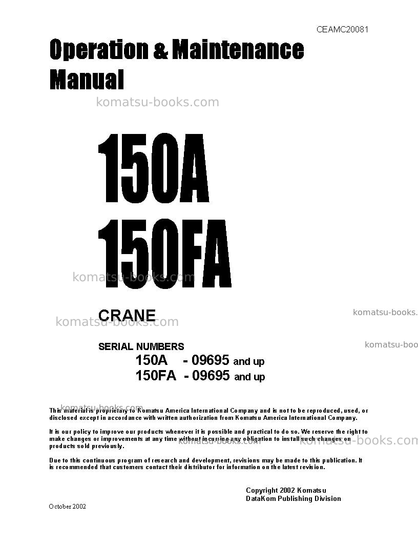 Komatsu 150fa Operation manual cover Komatsu 150fa Operation manual cover