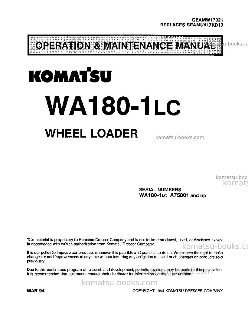 Komatsu wa180-1usa-lc Operation manual cover